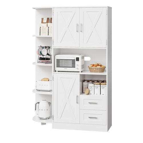 Straun Kitchen Pantry With Farm Doors And Microwave Shelf 